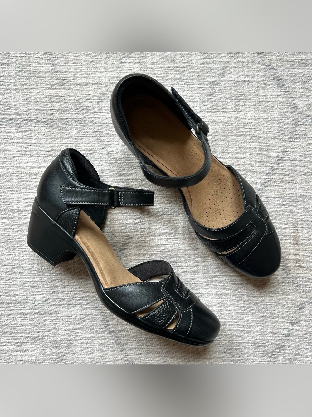 Clarks Black Leather Mary Jane Block Heel